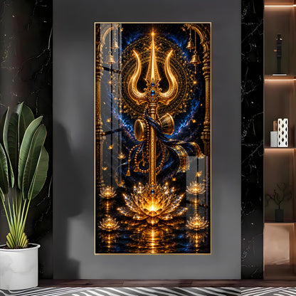 Divine Golden Trishul Premium Acrylic Vertical Wall Art