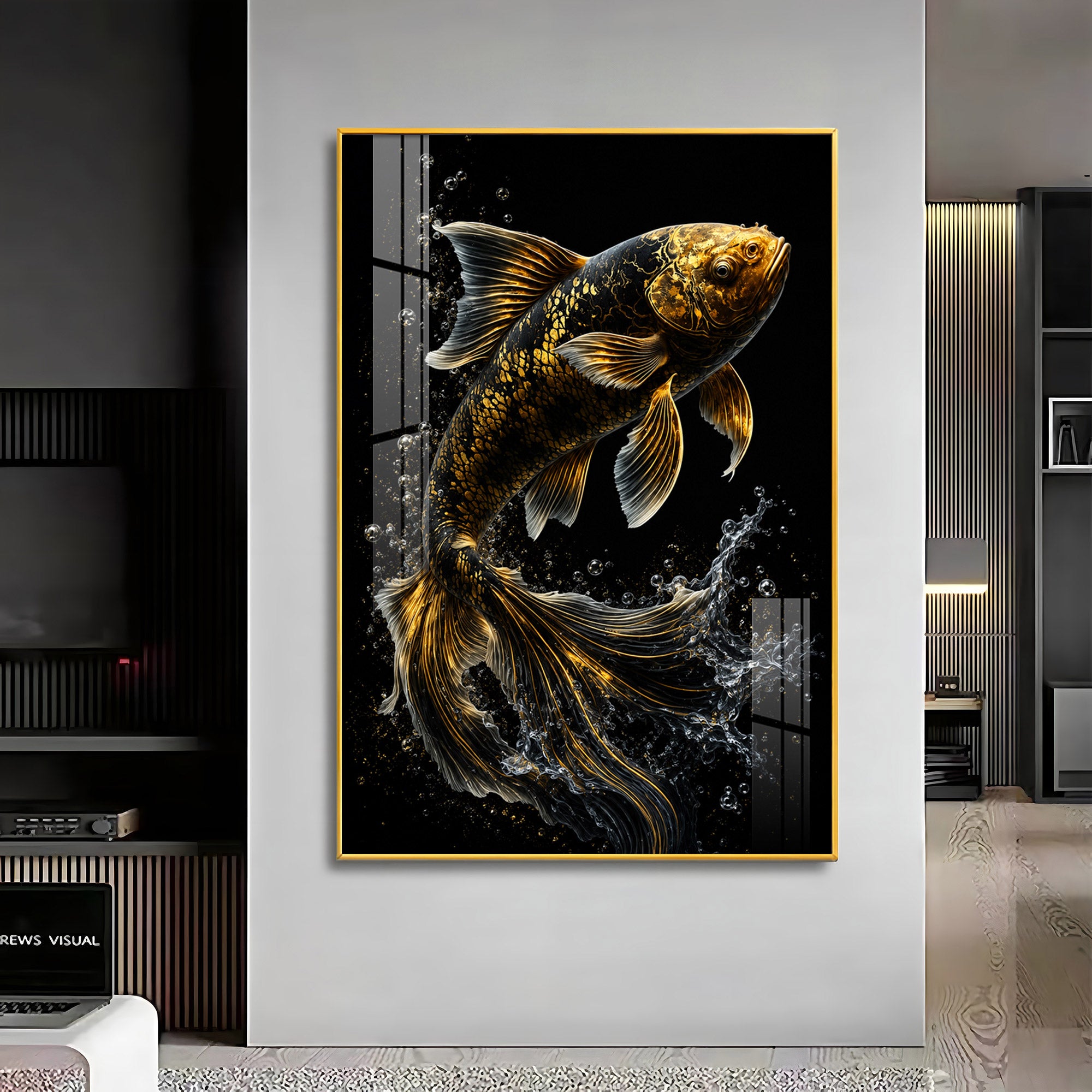 Golden Koi Splash Premium Acrylic Vertical Wall Art