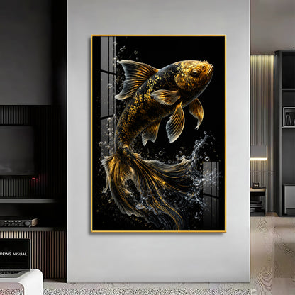 Golden Koi Splash Premium Acrylic Vertical Wall Art