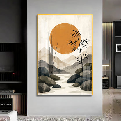 Colored Sun & Bamboo Branches Premium Acrylic Vertical Wall Art