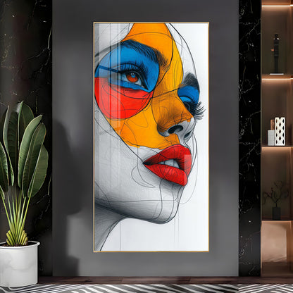 Vibrant Geometric Mask Girl Premium Acrylic Vertical Wall Art