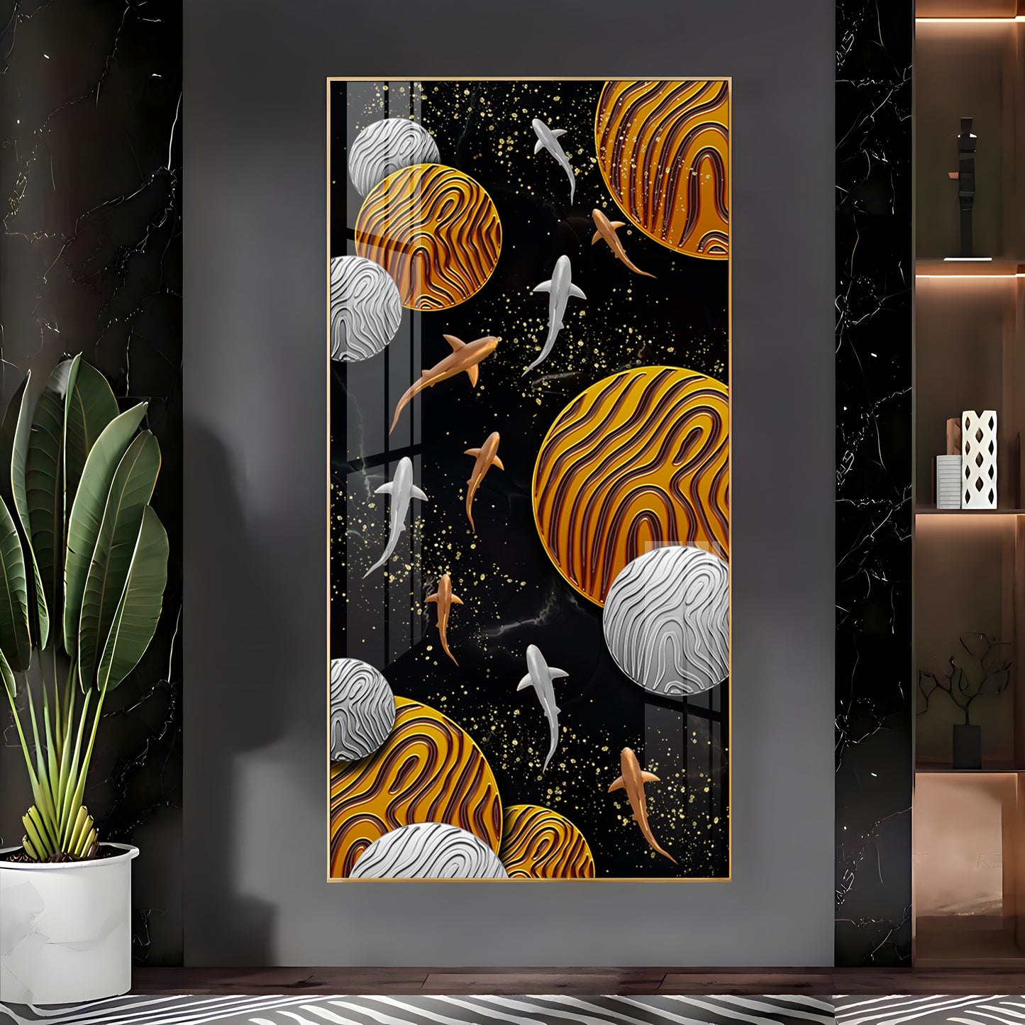 Circular Shapes With Fish Premium Acrylic Vertical Wall Art