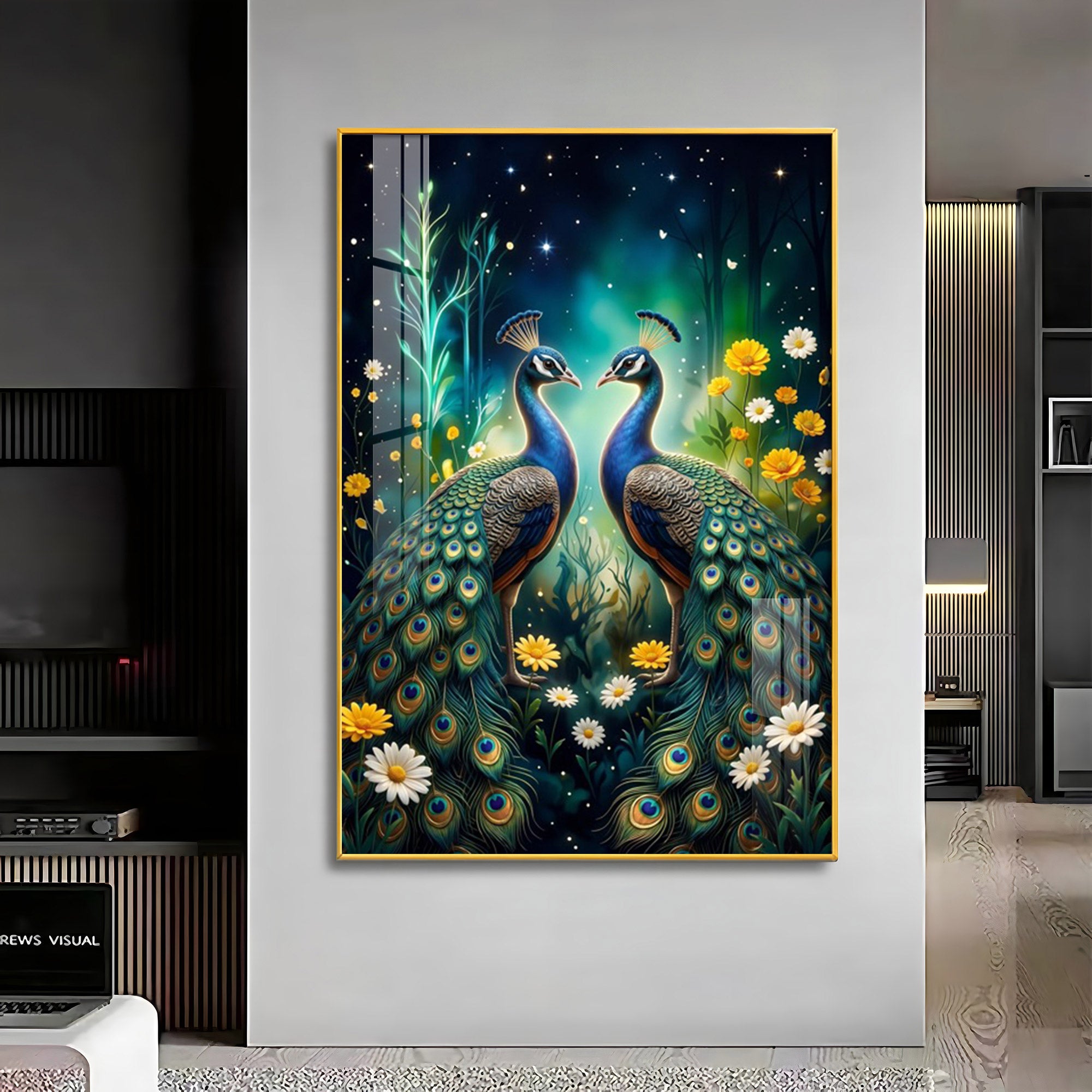 Two Peacocks With Flowers Premium Acrylic Vertical Wall Art
