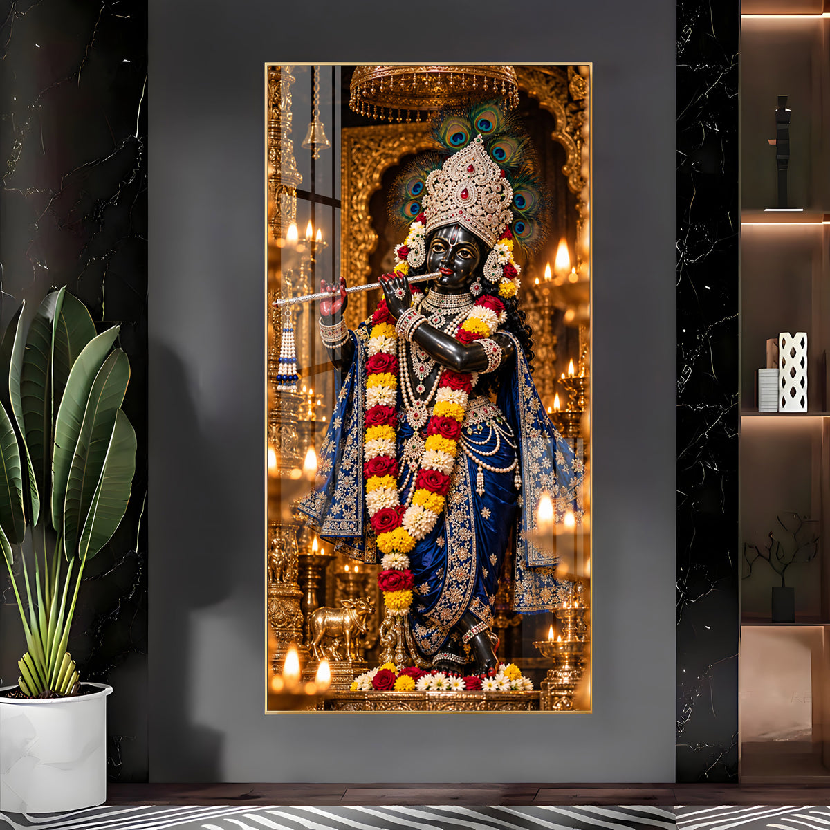 Krishna with Flute in Sanctuary Premium Acrylic Vertical Wall Art