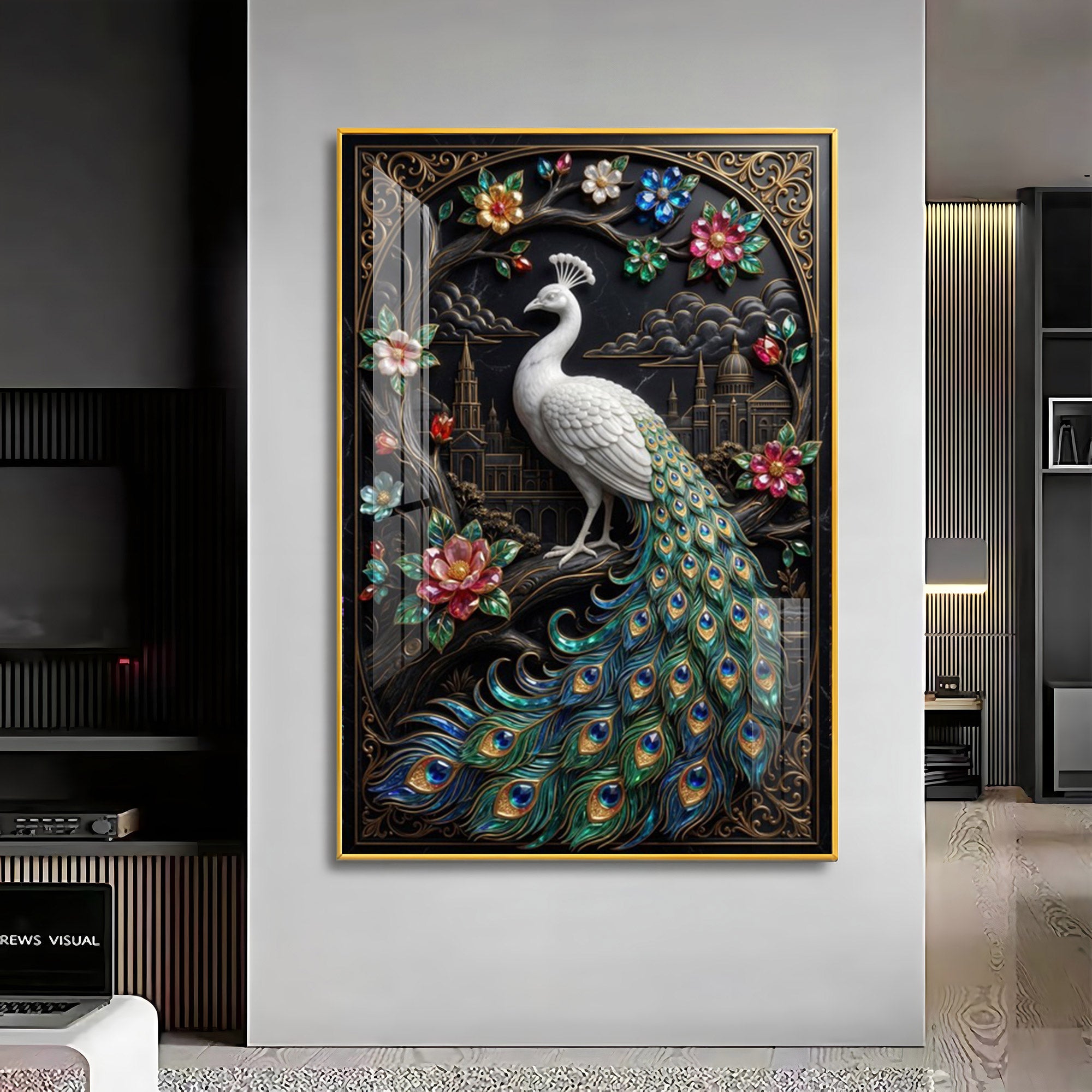 Peacock With Flowers Premium Acrylic Vertical Wall Art