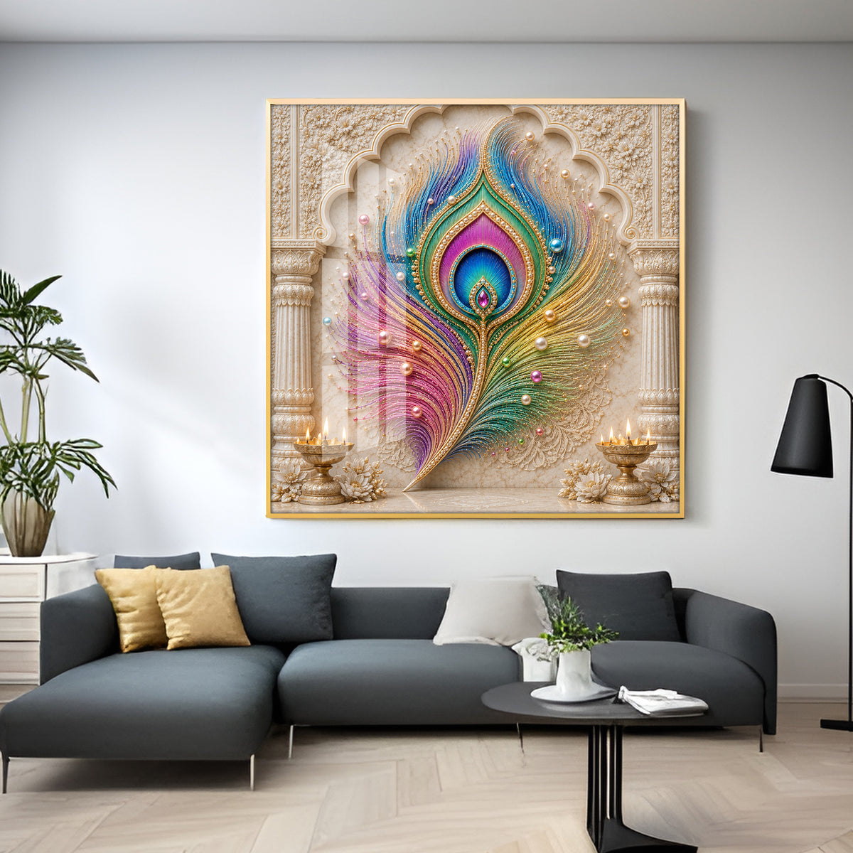 Colorful Peacock Feather Premium Acrylic Square Wall Art