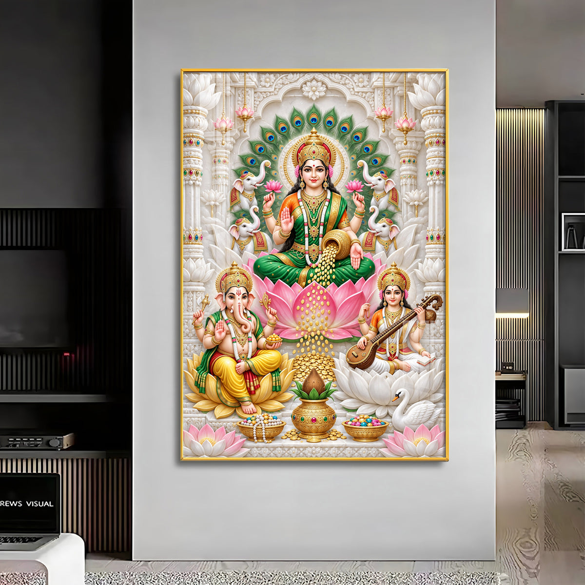Lakshmi Saraswati Ganesha Peacock Halo Premium Acrylic Vertical Wall Art
