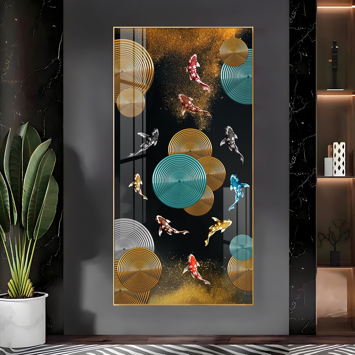 Abstract Rings & Goldfish Premium Acrylic Vertical Wall Art
