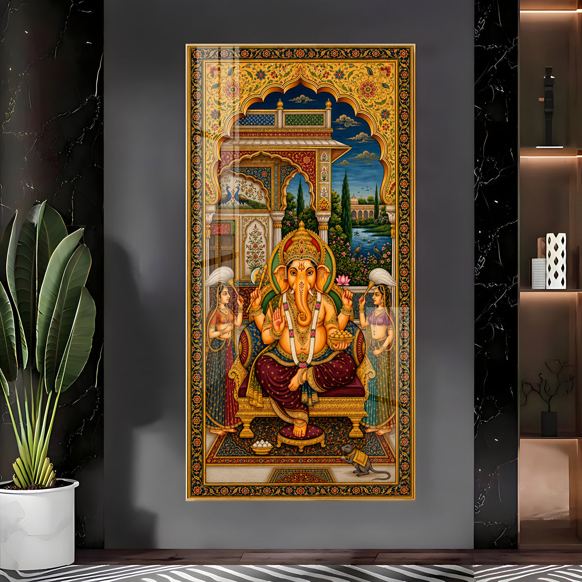 Lord Ganesha Pichwai Premium Acrylic Vertical Wall Art