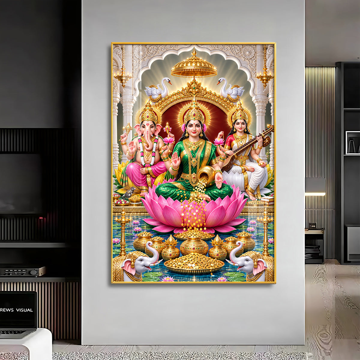 Maa Laxmi Ji, Maa Saraswati & Ganesh Ji Premium Acrylic Vertical Wall Art
