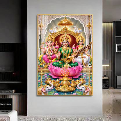 Maa Laxmi Ji, Maa Saraswati & Ganesh Ji Premium Acrylic Vertical Wall Art