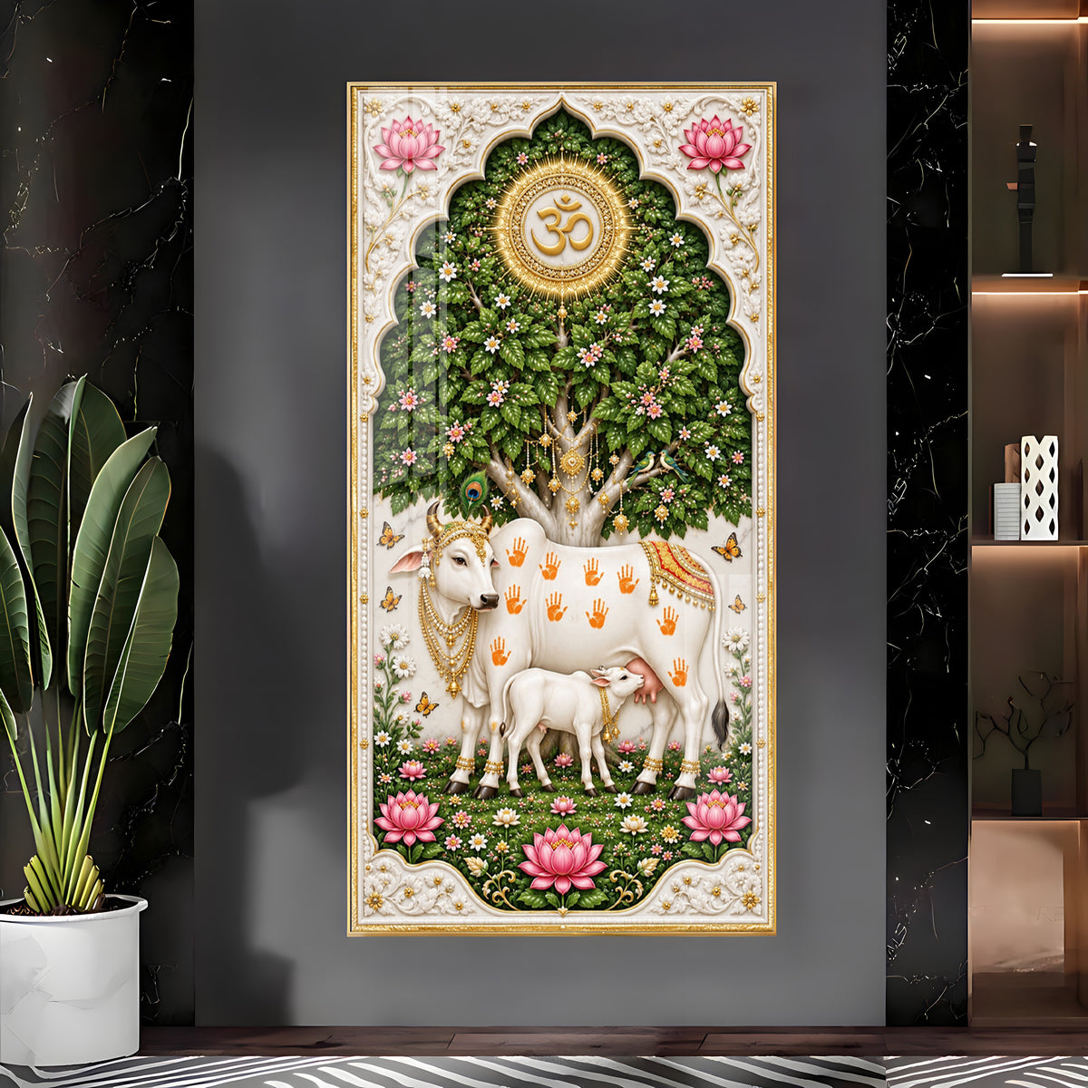 Kamdhenu Cow With Calf Premium Acrylic Vertical Wall Art