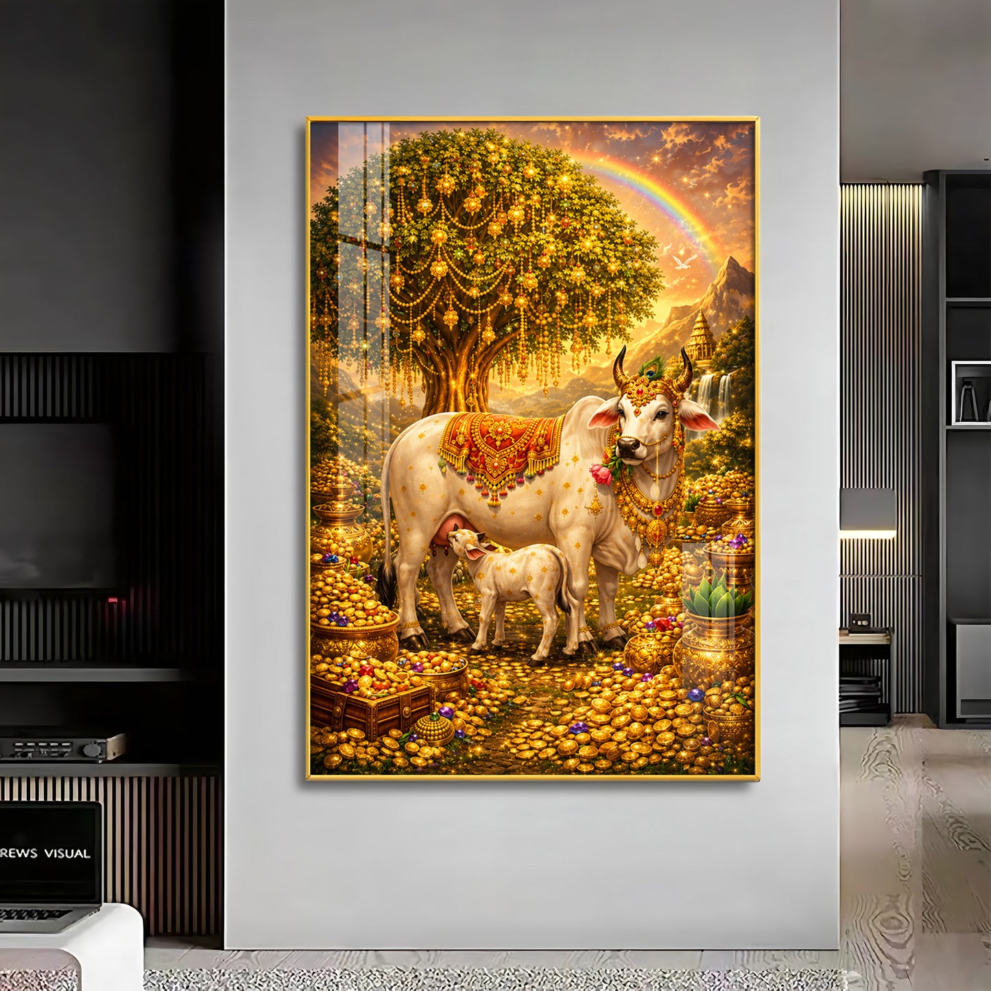 Golden Kamadhenu Wish-Fulfilling Cow Premium Acrylic Vertical Wall Art