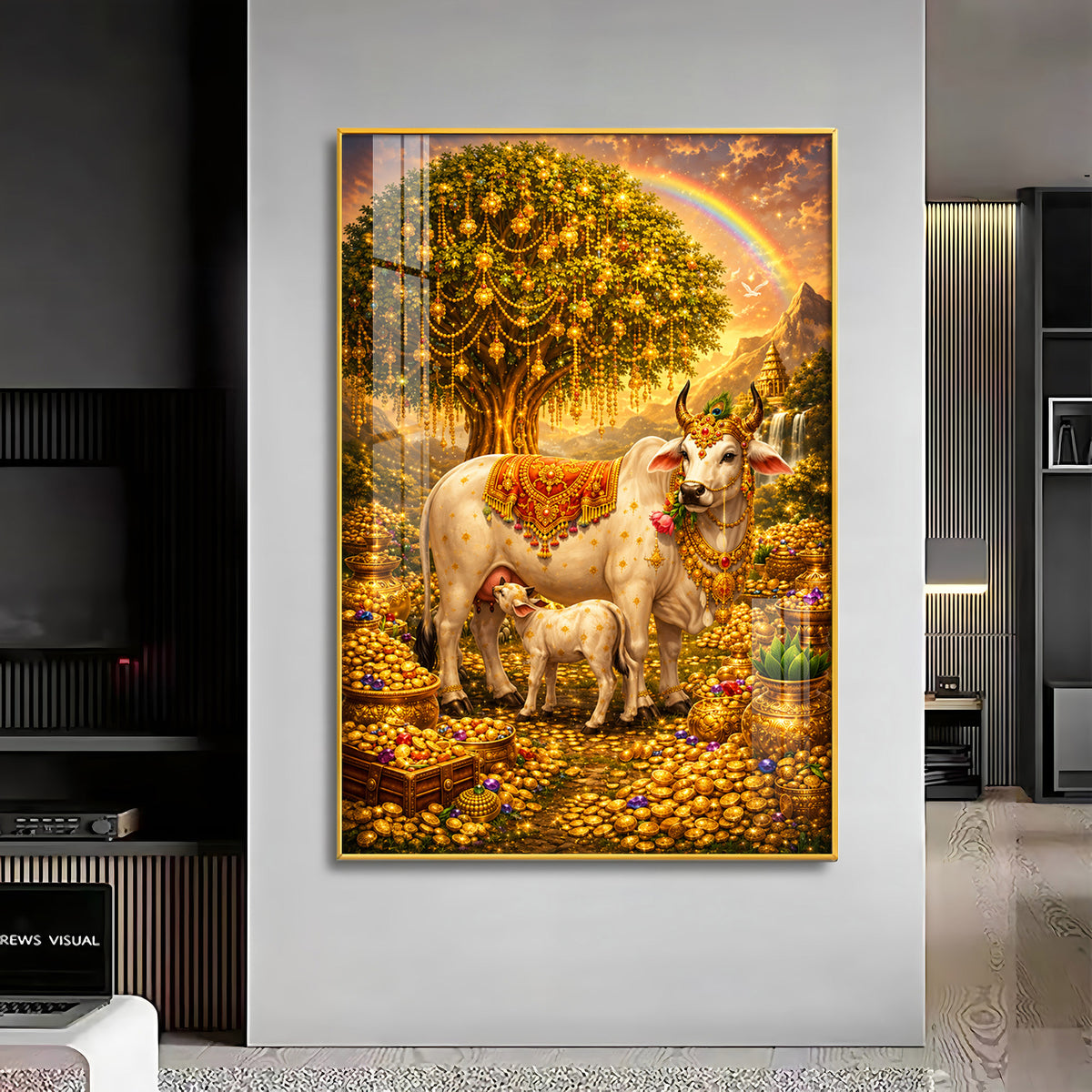 Golden Kamadhenu Wish-Fulfilling Cow Premium Acrylic Vertical Wall Art