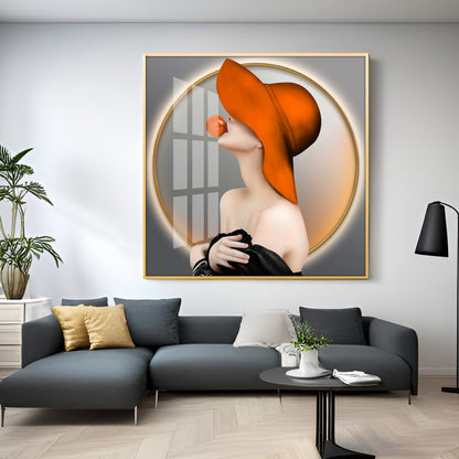Modern Girl With Hat Premium Acrylic Square Wall Art