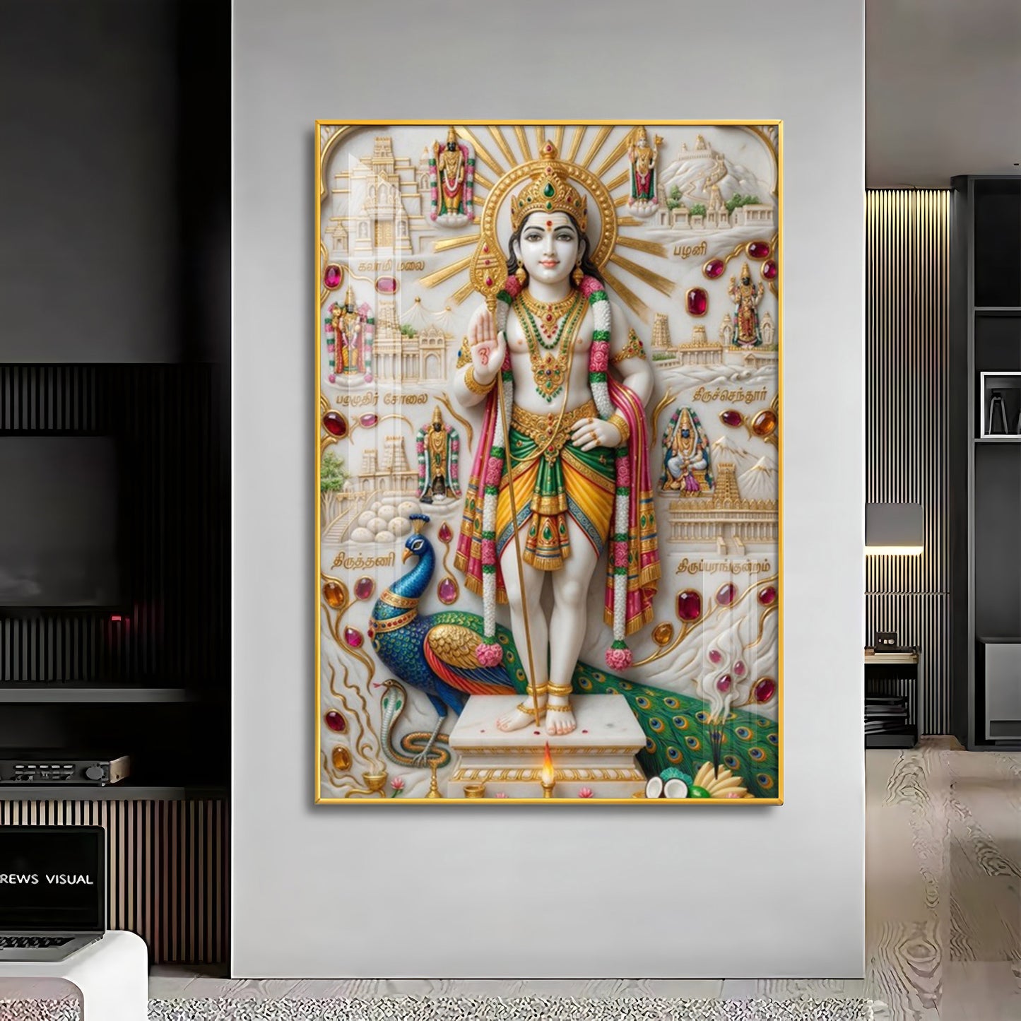 Lord Kartikeya With Peacock Premium Acrylic Vertical Wall Art