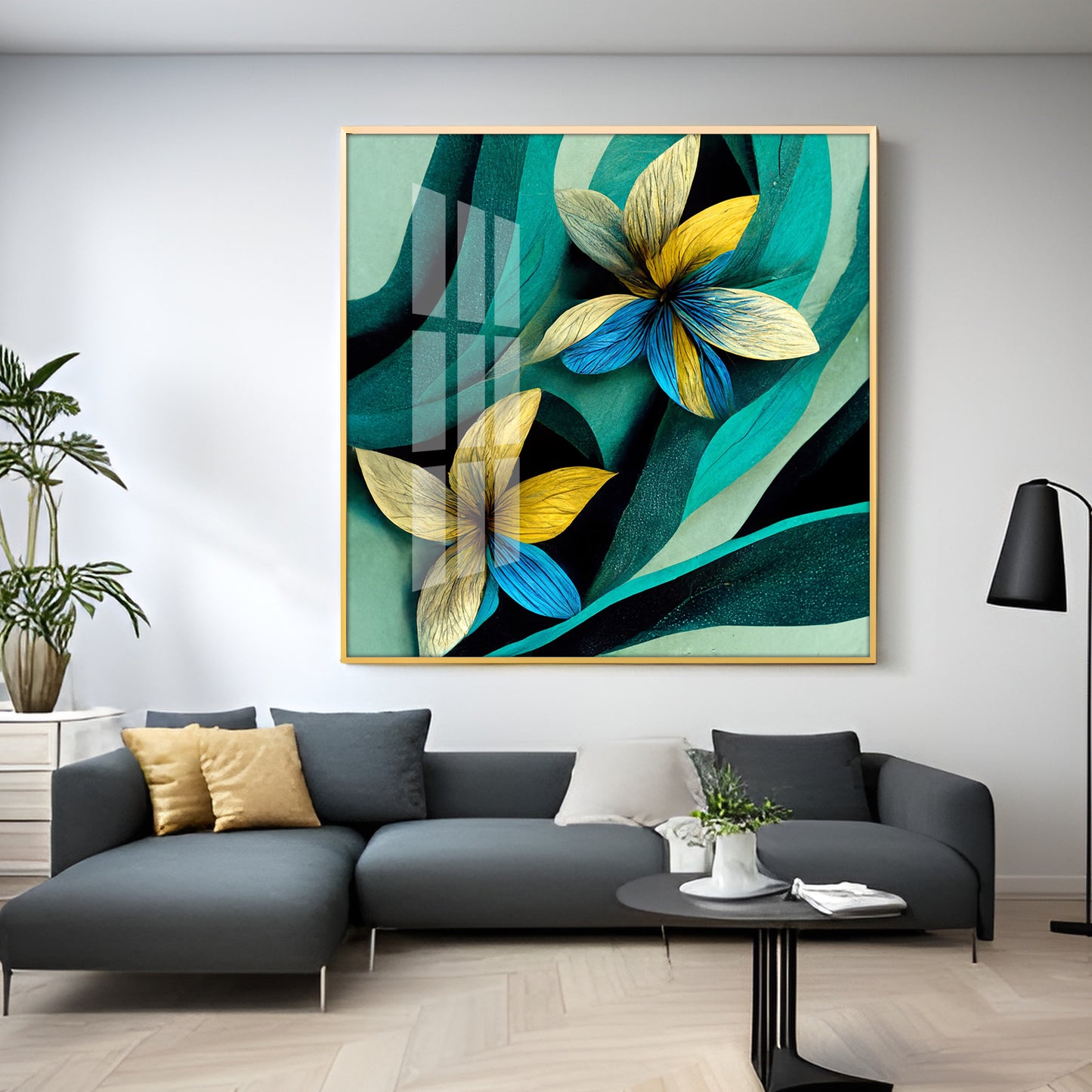 Teal and Yellow Abstract Flower Premium Acrylic Square Wall Art