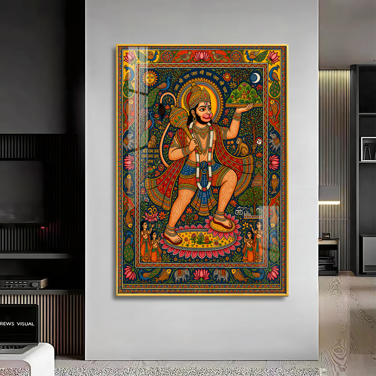 Madhubani Lord Hanuman Premium Acrylic Vertical Wall Art