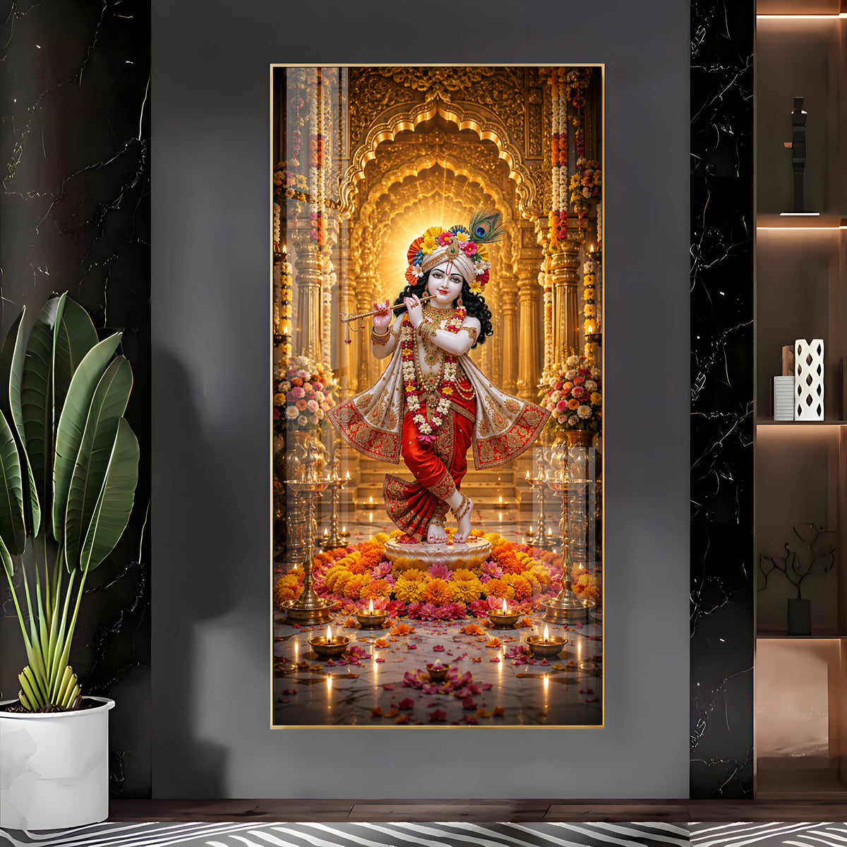 Lord Krishna With Playing Flute Premium Acrylic Vertical Wall Art