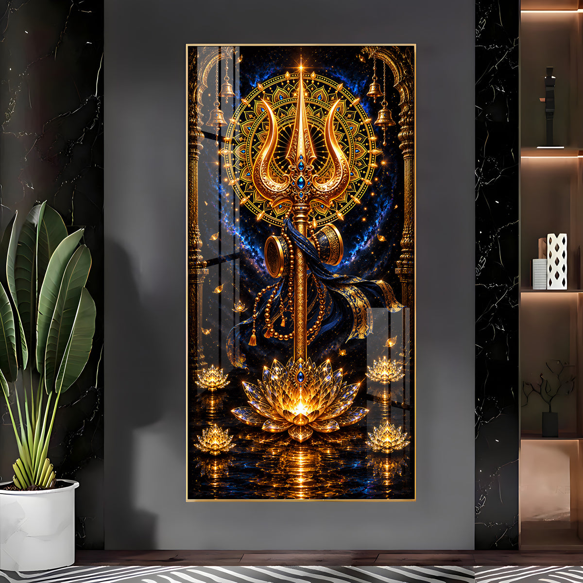 Divine Golden Trishul Premium Acrylic Vertical Wall Art