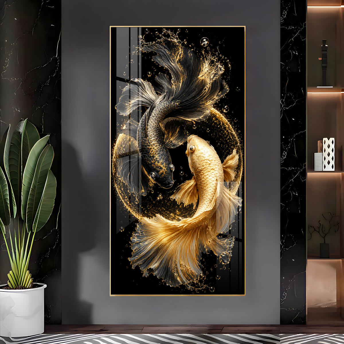 Yin Yang Golden & Black Koi Fish Premium Acrylic Vertical Wall Art