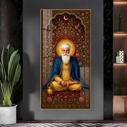 Guru Nanak Dev Ji Seated Meditation Blue Shawl Premium Acrylic Vertical Wall Art