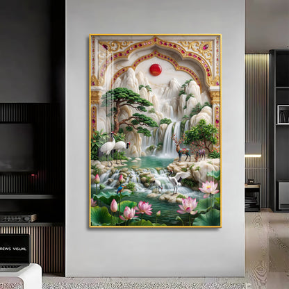 Sunrise Mountains Waterfall Premium Acrylic Vertical Wall Art