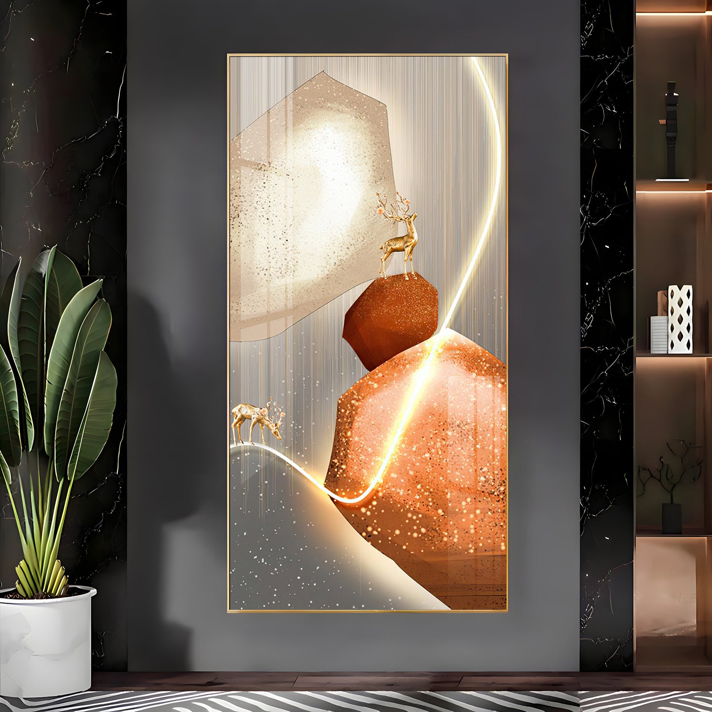 Golden Deer With Orange Rock Premium Acrylic Vertical Wall Art