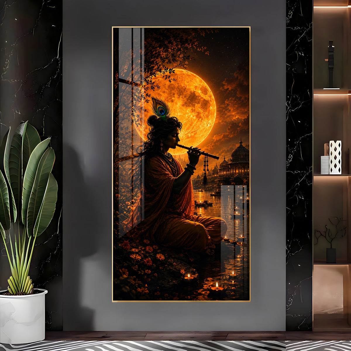 Lord Krishna Under Golden Full Moon Premium Acrylic Vertical Wall Art