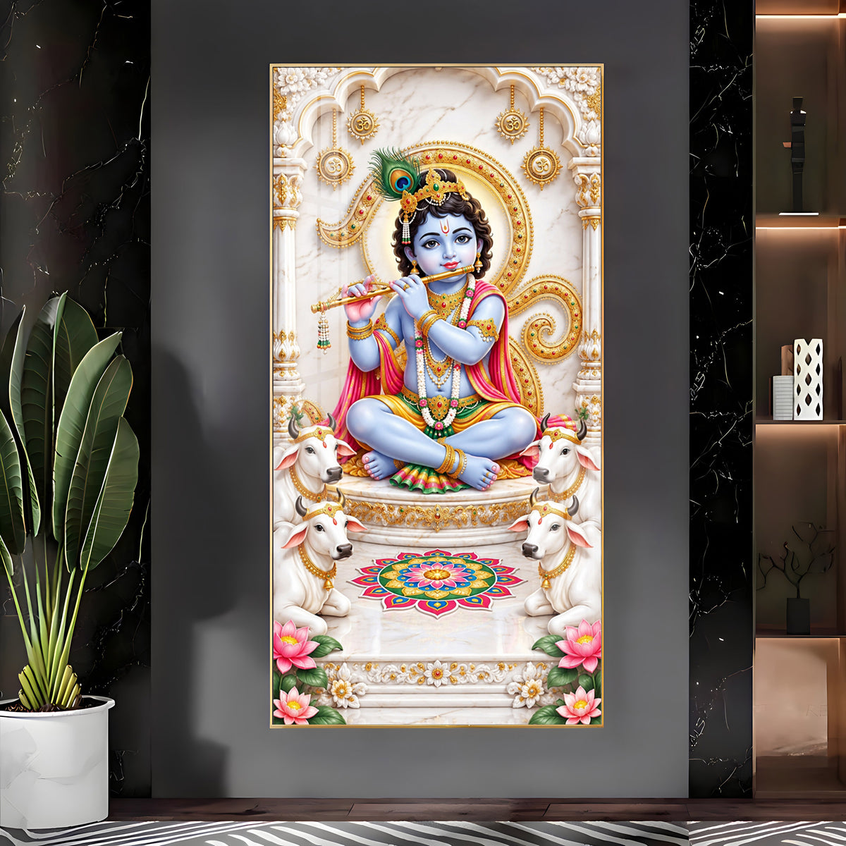 Krishna With White Cows Premium Acrylic Vertical Wall Art