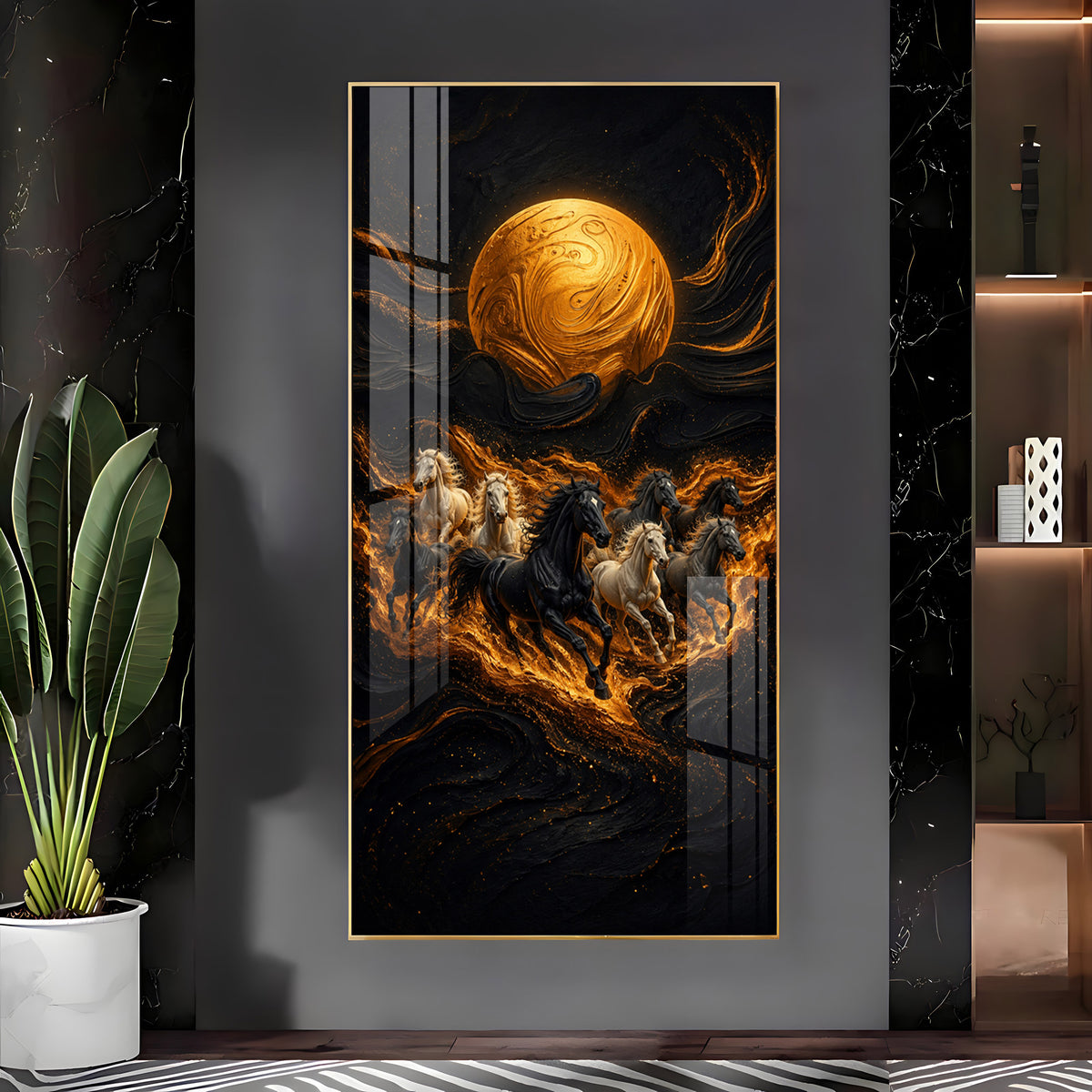 Majestic Running Horses & Golden Moon Premium Acrylic Vertical Wall Art