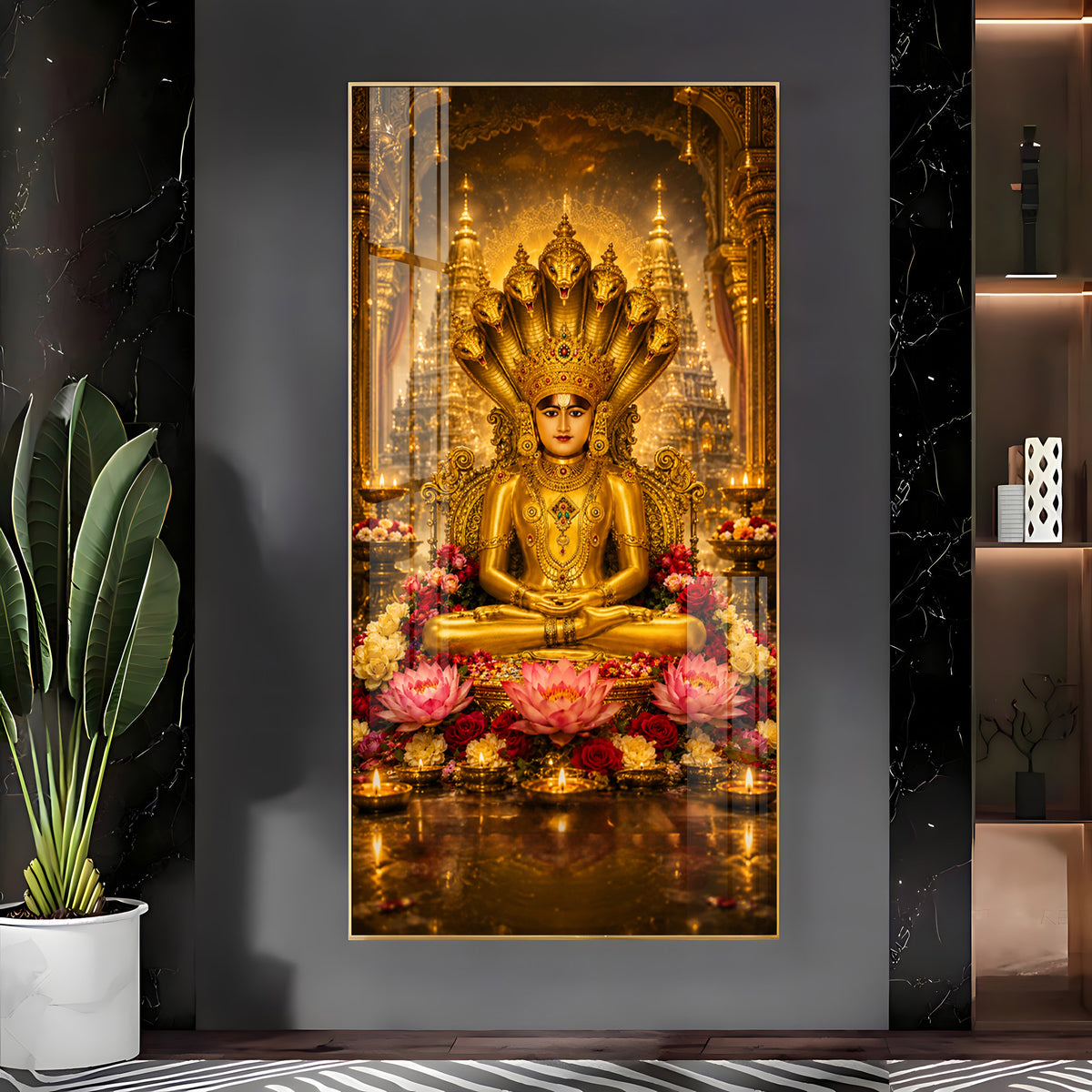 Divine Lord Parshvanath Golden Idol Lotus Premium Acrylic Vertical Wall Art