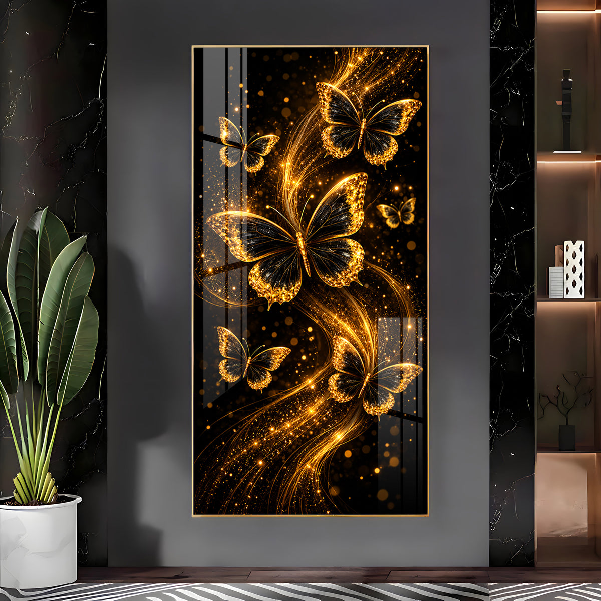 Elegant Golden Sparkle Butterflies Premium Acrylic Vertical Wall Art
