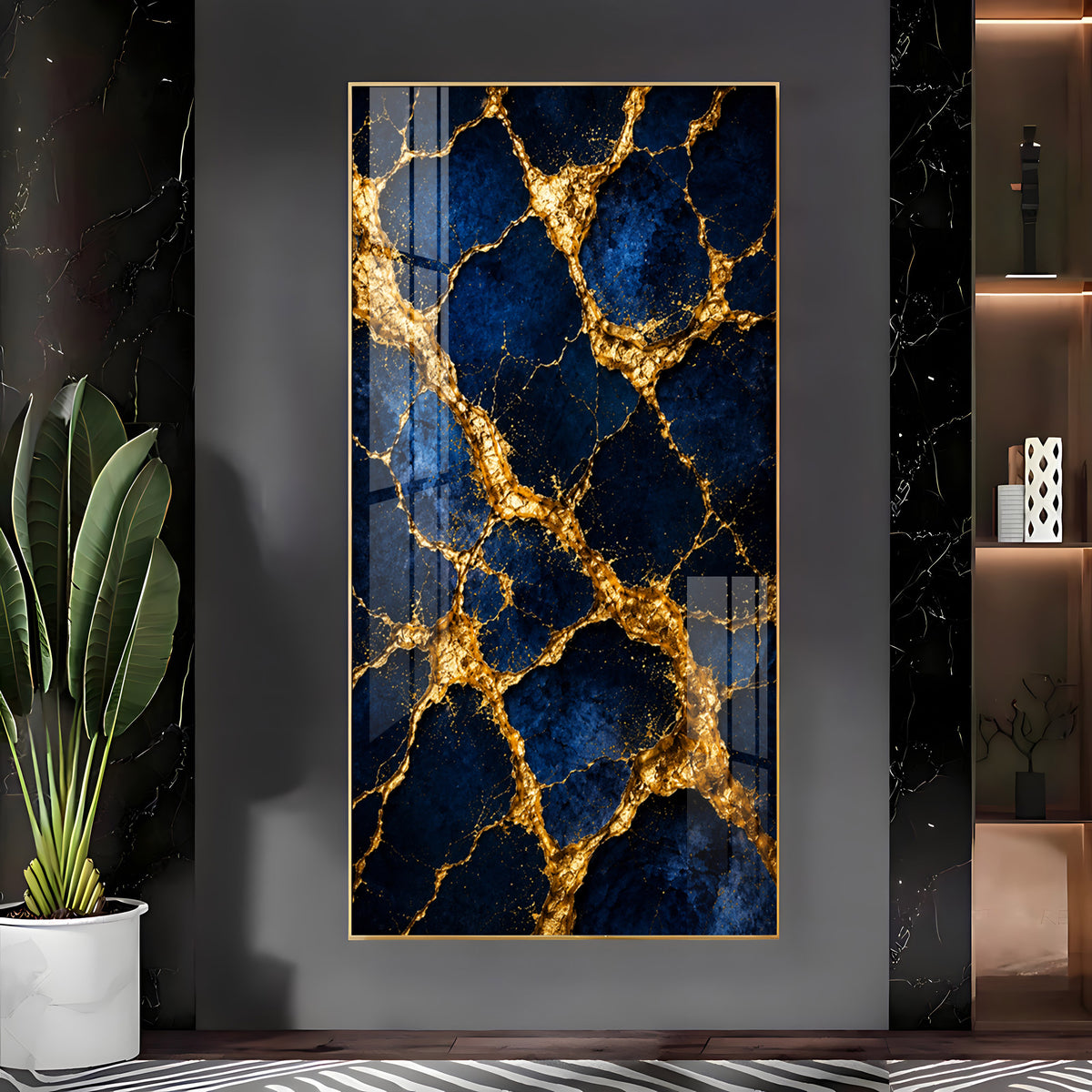 Luxurious Blue & Gold Cracked Marble Premium Acrylic Vertical Wall Art
