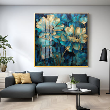 Flowers With Gold & Blue Leaves Premium Acrylic Square Wall Art