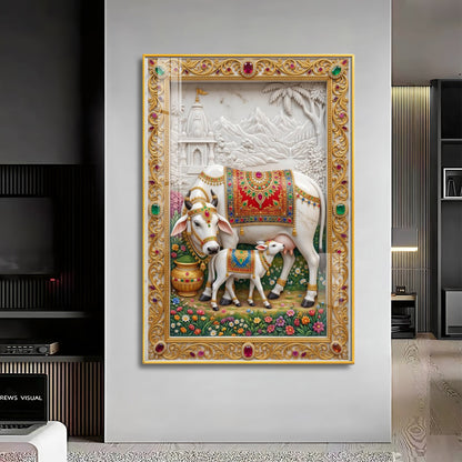 Sacred Kamdhenu Cow Premium Acrylic Vertical Wall Art
