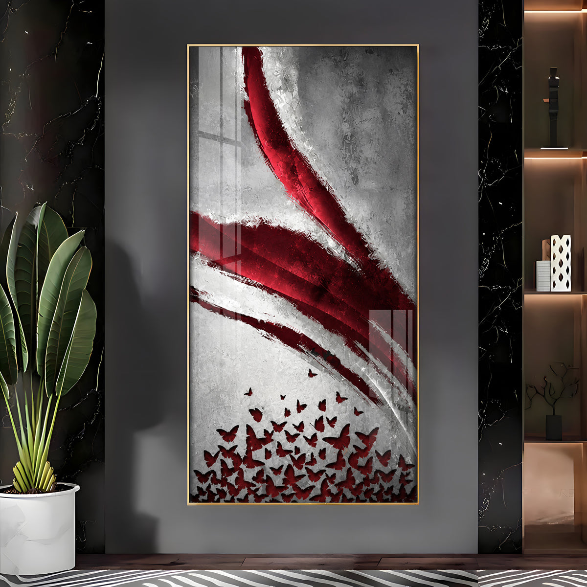 Red Crimson Swirl and Butterfly Premium Acrylic Vertical Wall Art
