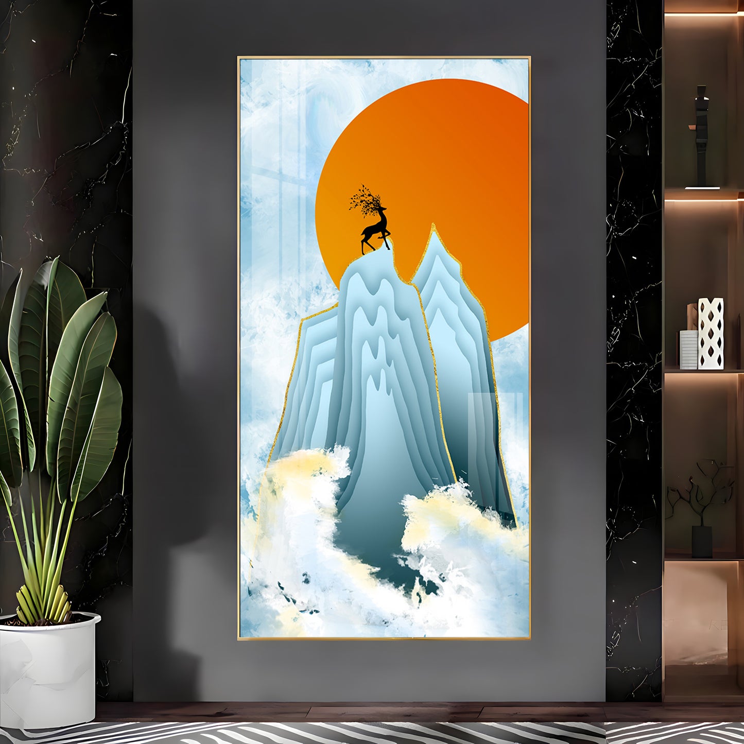 Black Deer On Mountains Premium Acrylic Vertical Wall Art