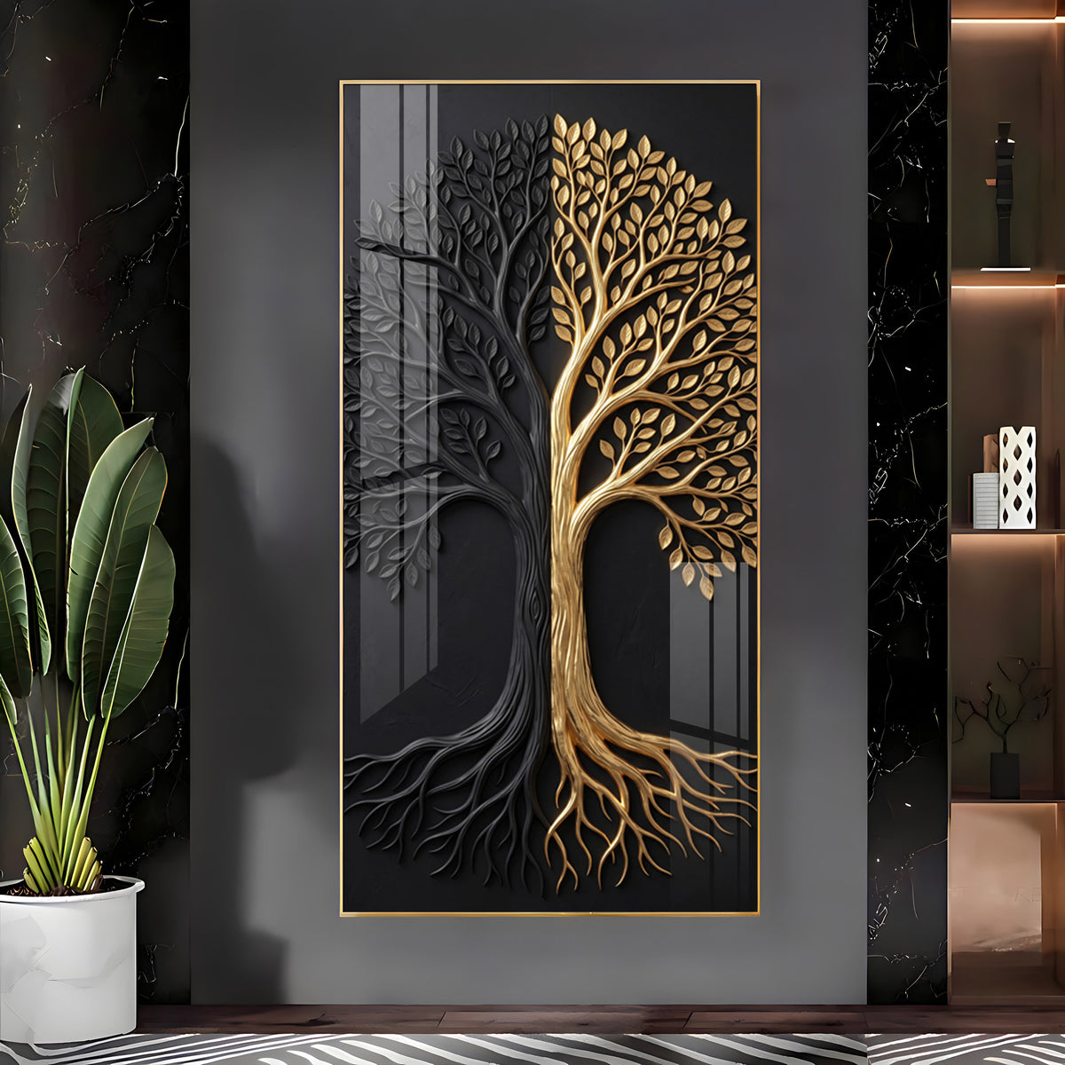 Dual Tone Black and Metallic Gold Tree Premium Acrylic Vertical Wall Art