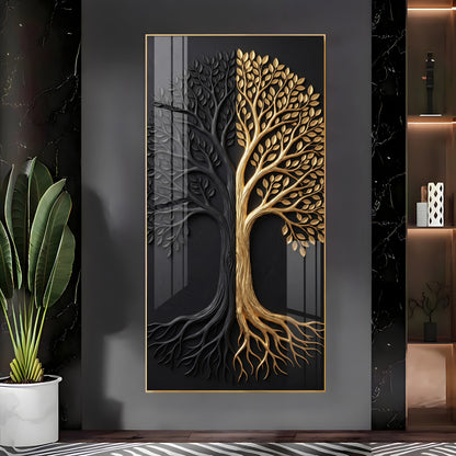 Dual Tone Black and Metallic Gold Tree Premium Acrylic Vertical Wall Art