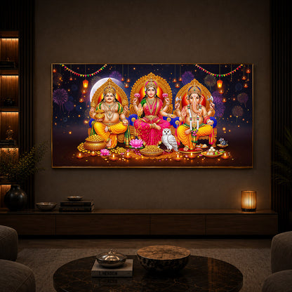 Lord Kubera,Goddess Lakshmi & Lord Ganesha Modern Luxury Backlight Horizontal Wall Art