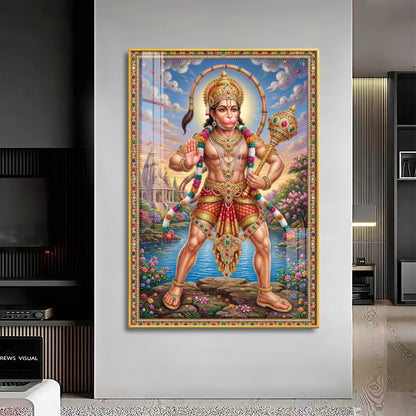Lord Hanuman Holding A Gada Premium Acrylic Vertical Wall Art