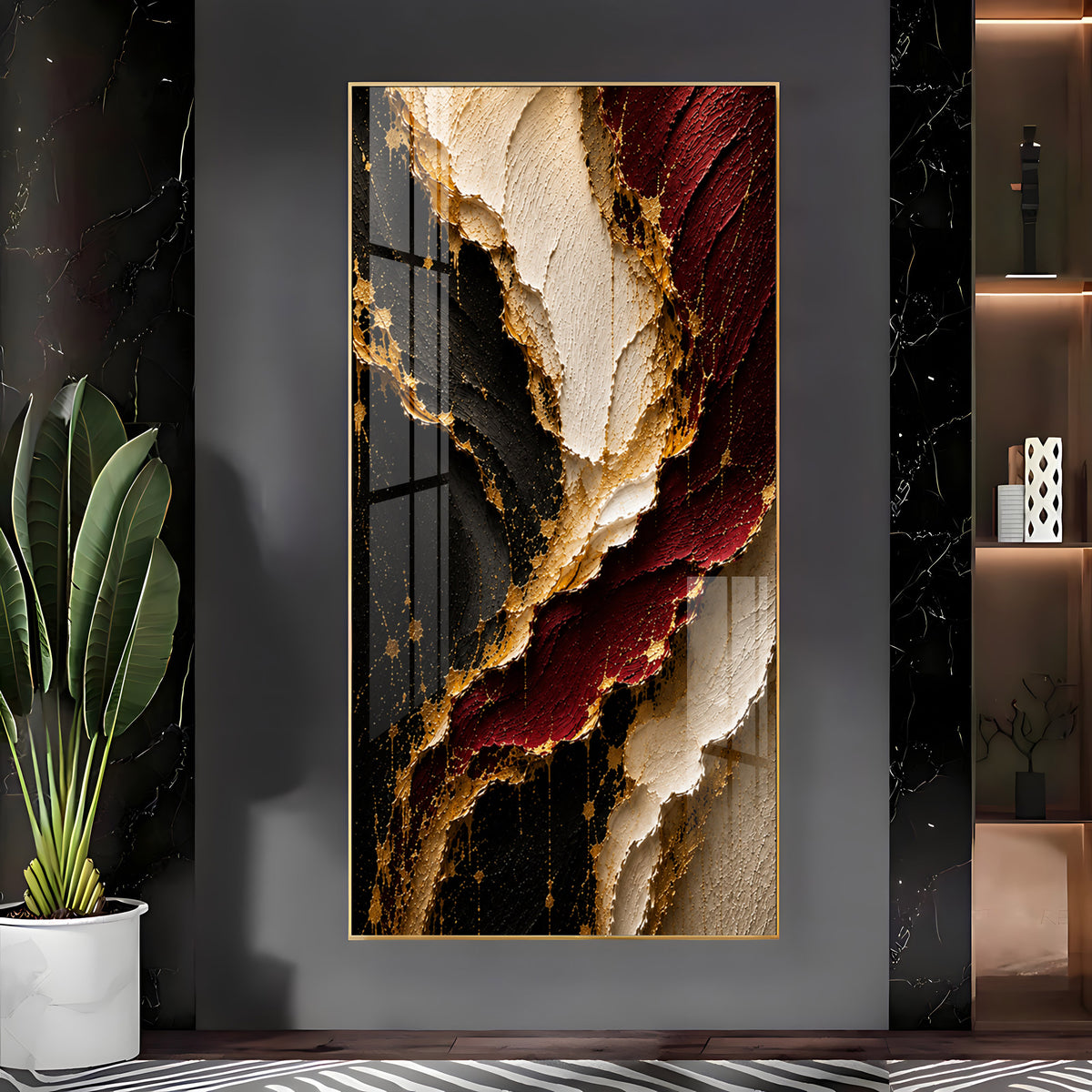 Luxurious Textured Abstract Maroon Black & Gold Premium Acrylic Vertical Wall Art