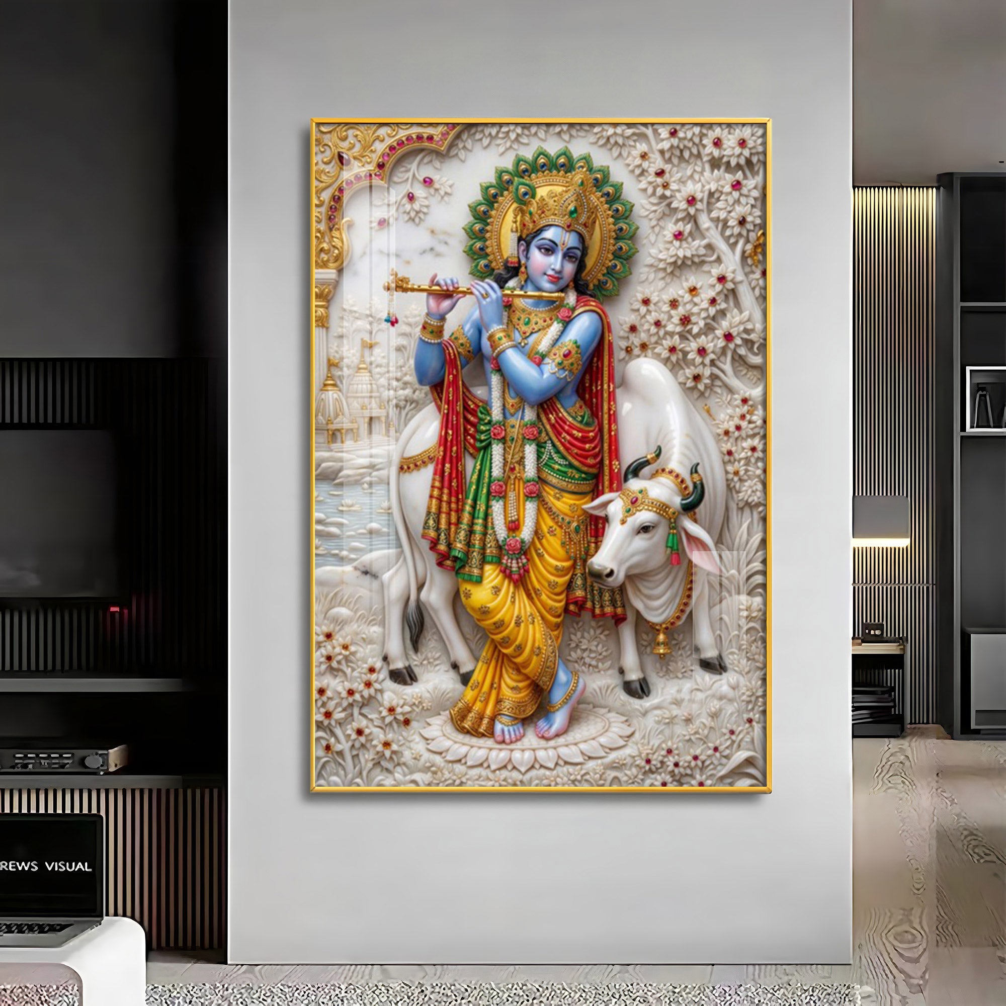 Shri Krishna With Cow Premium Acrylic Vertical Wall Art