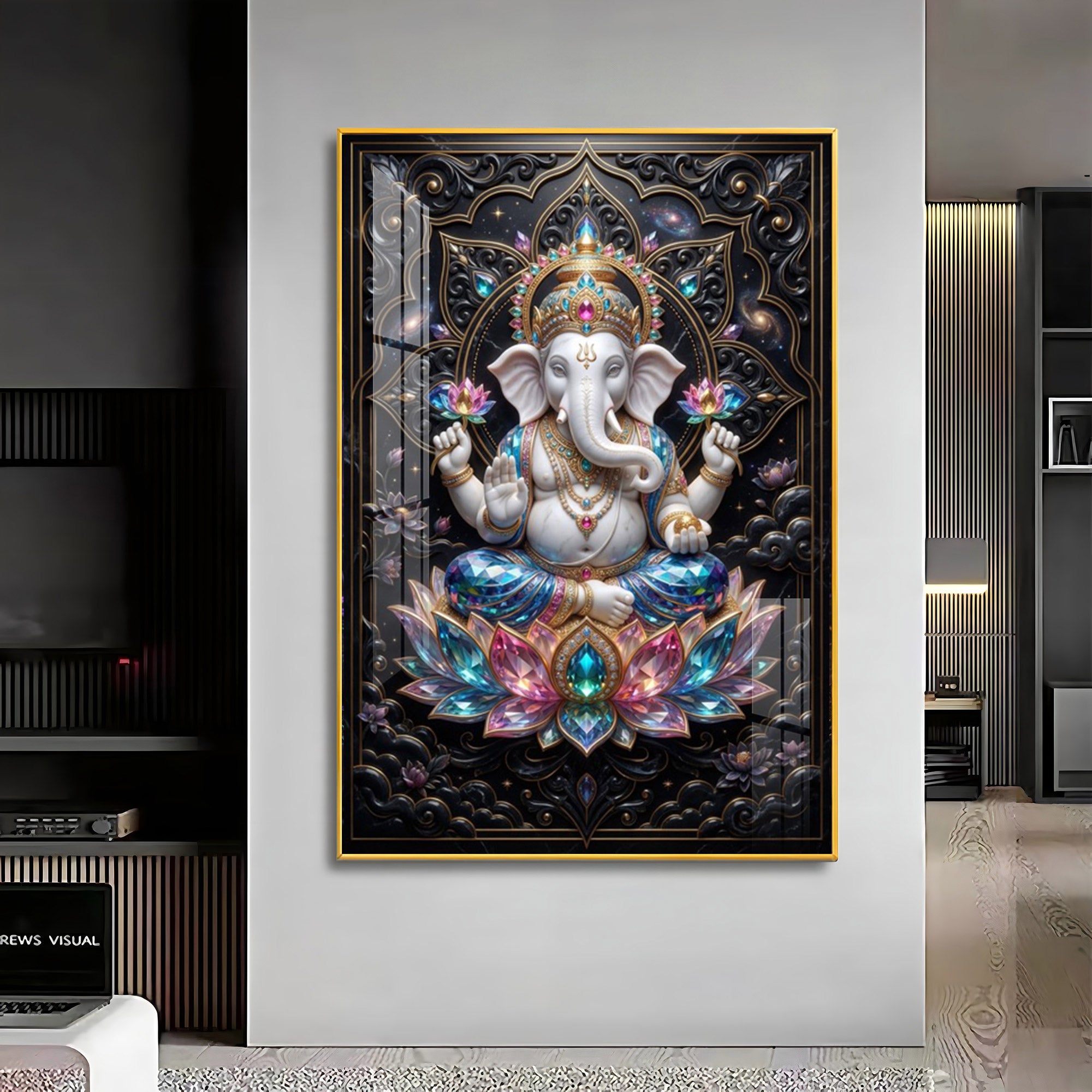 Lord Ganesha Seated On A Lotus Throne Premium Acrylic Vertical Wall Art