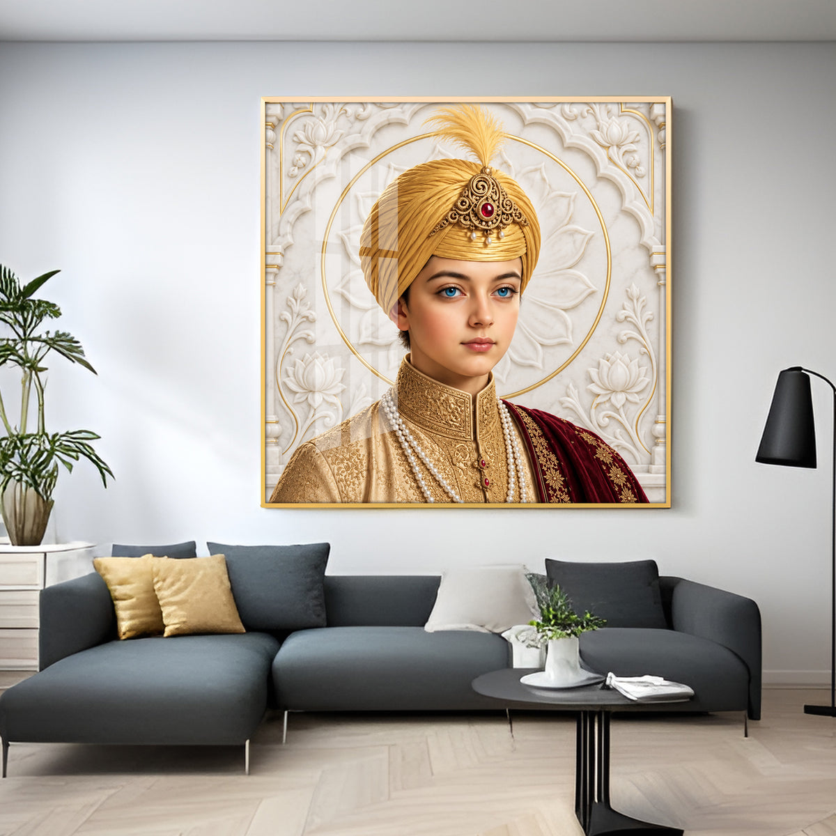 Guru Harkrishan Sahib Ji In Golden Turban Premium Acrylic Square Wall Art