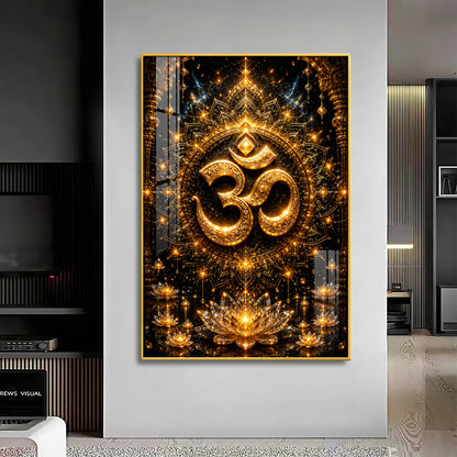 Golden Om Symbol Premium Acrylic Vertical Wall Art