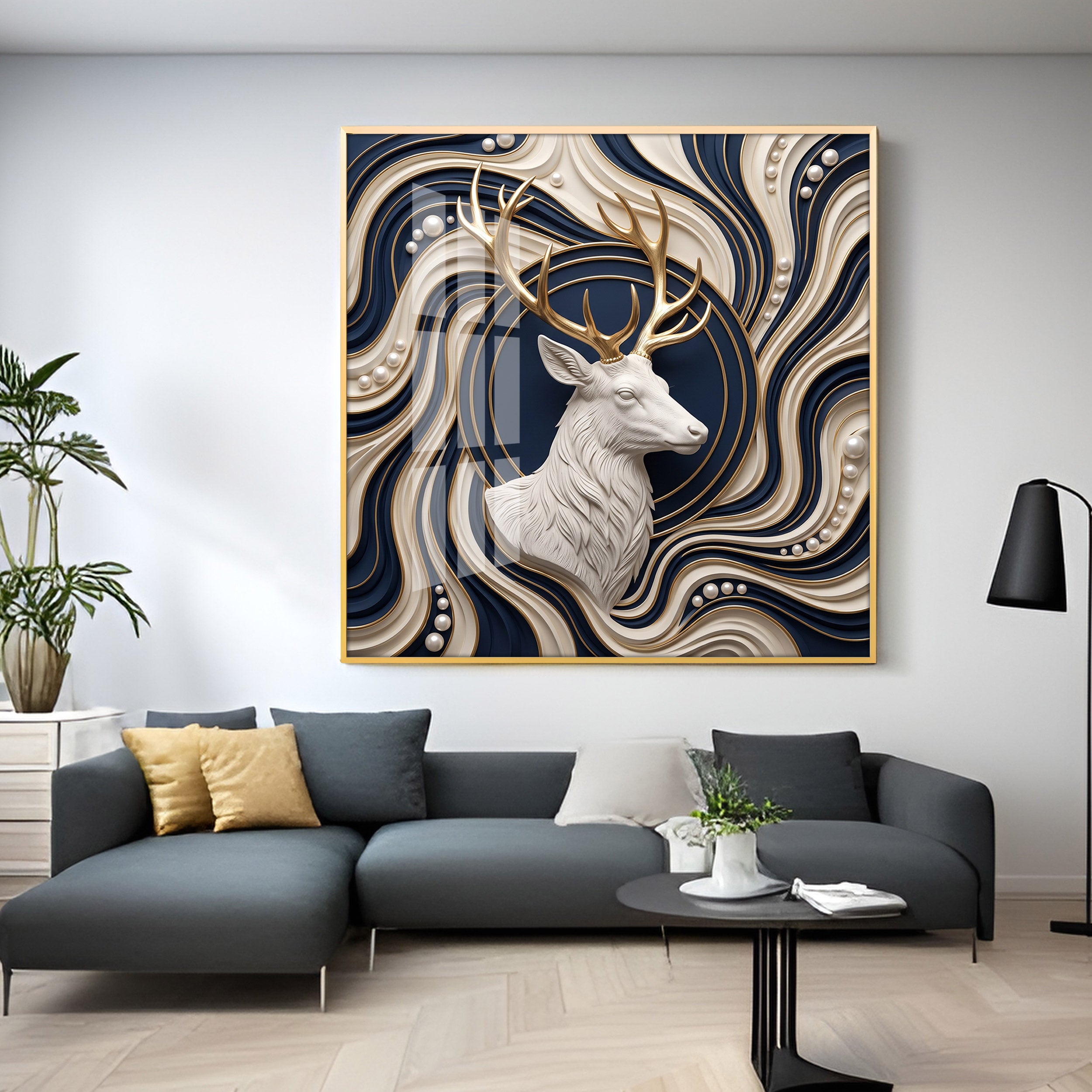 White Stag With Golden Antlers Luxury 3D Premium Acrylic Sqaure Wall Art