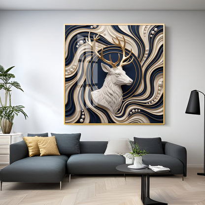 White Stag With Golden Antlers Luxury 3D Premium Acrylic Sqaure Wall Art