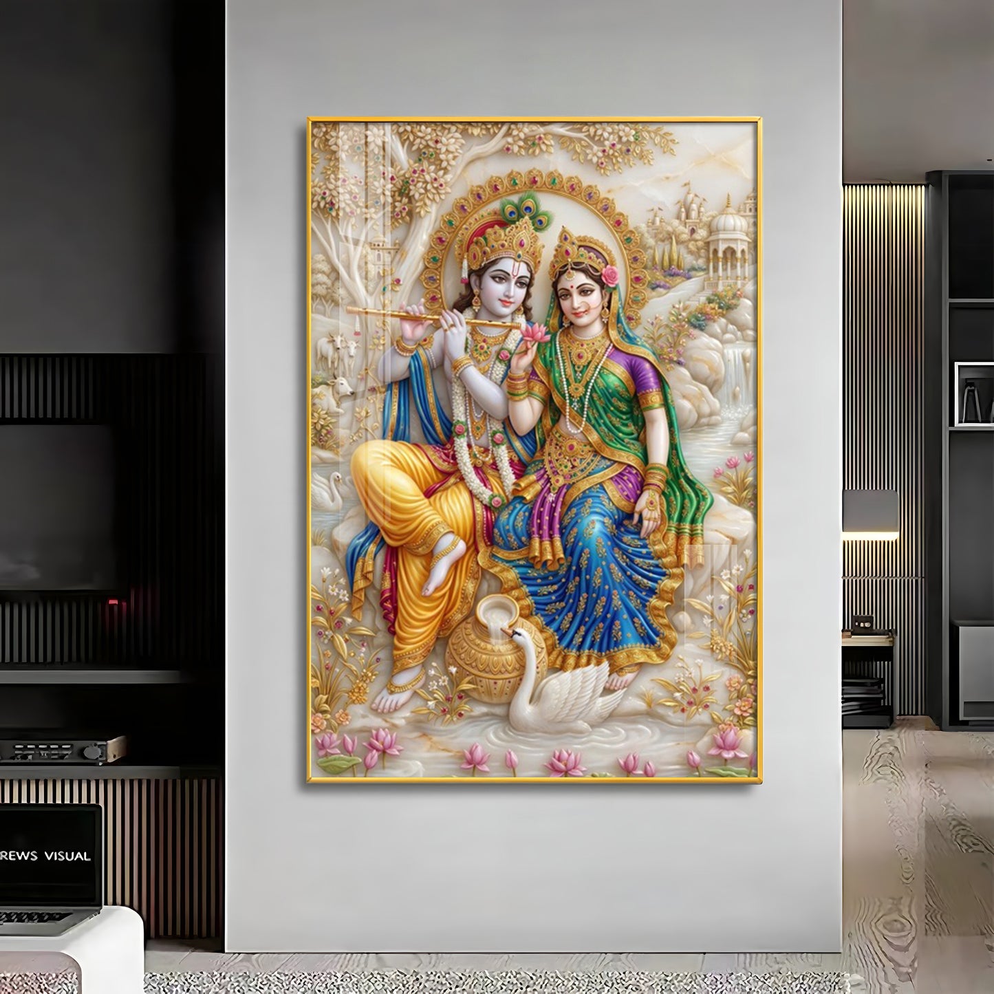 Radha Krishna With Swan Premium Acrylic Vertical Wall Art